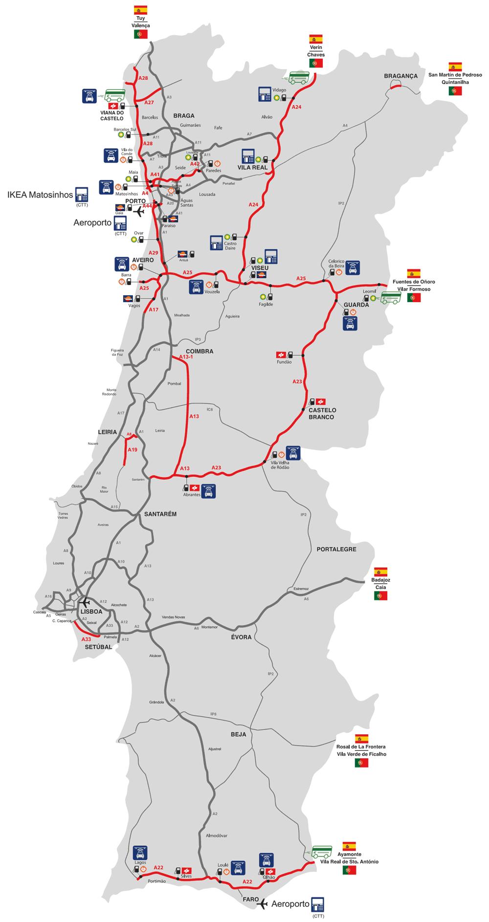 Portugal toll roads map - Map of toll roads in Portugal (Southern