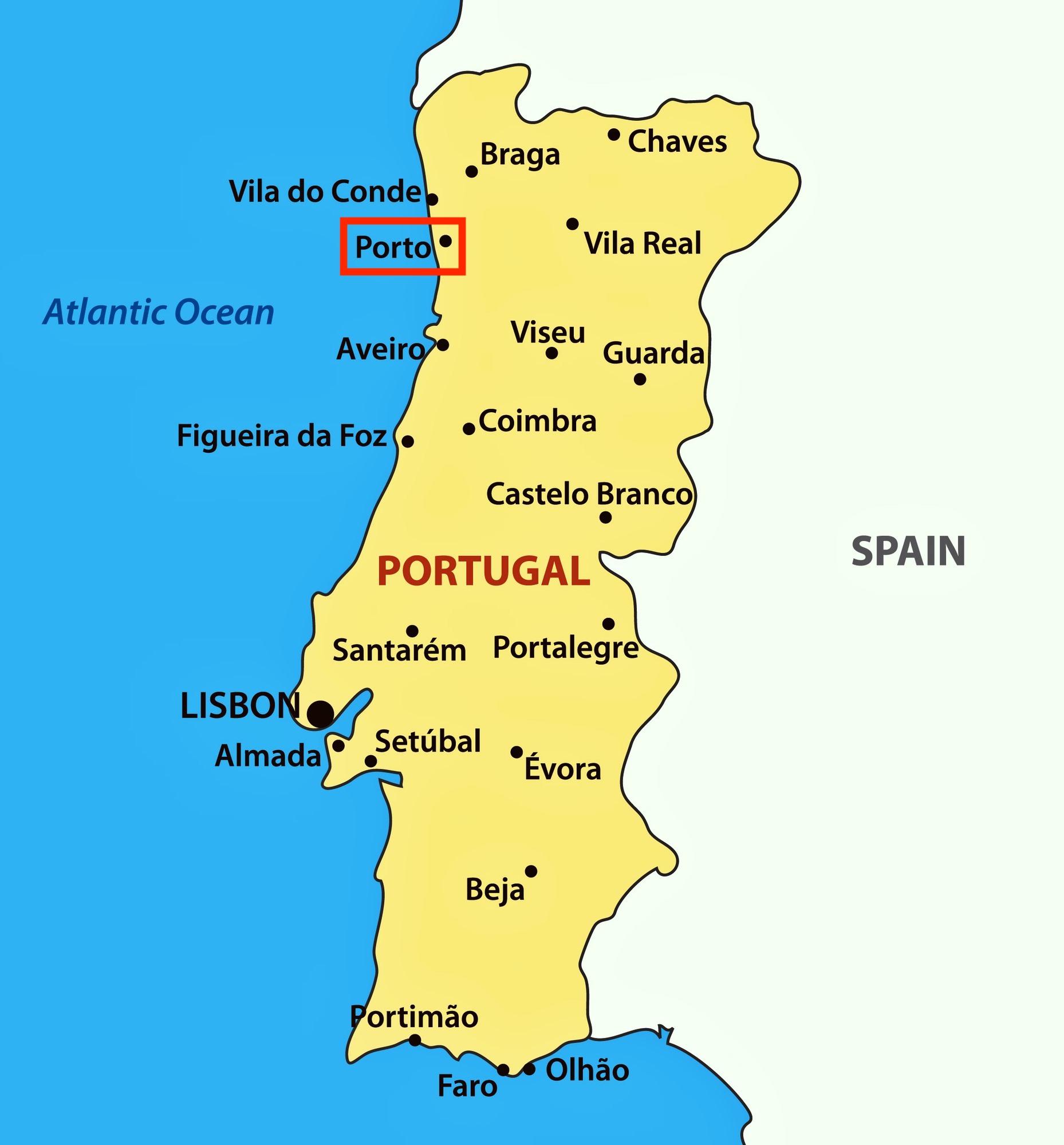 Porto Portugal map - Porto on map of Portugal (Southern Europe