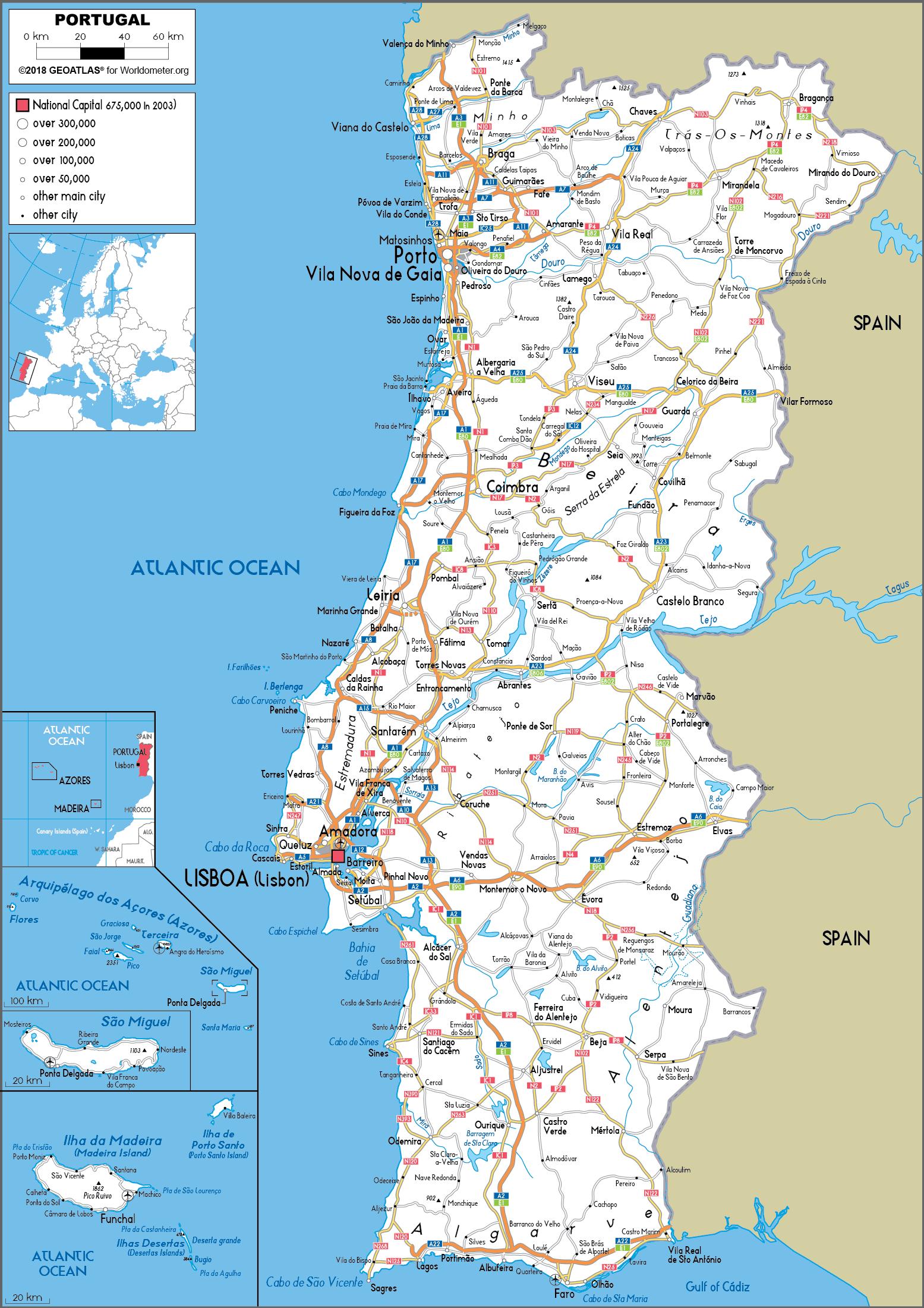 The detailed map of the Portugal with regions or states and cities