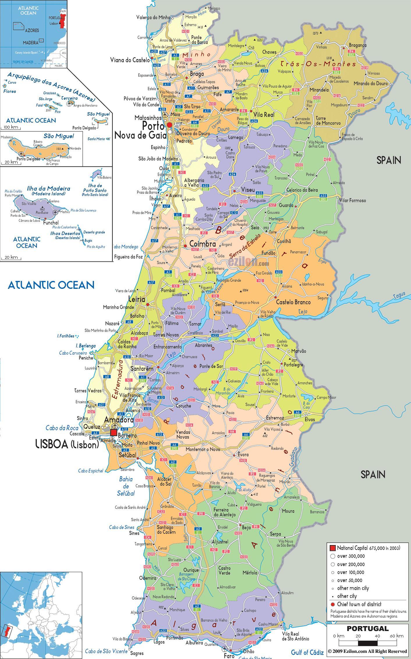 Portugal Map With Its Cities And Towns Showing
