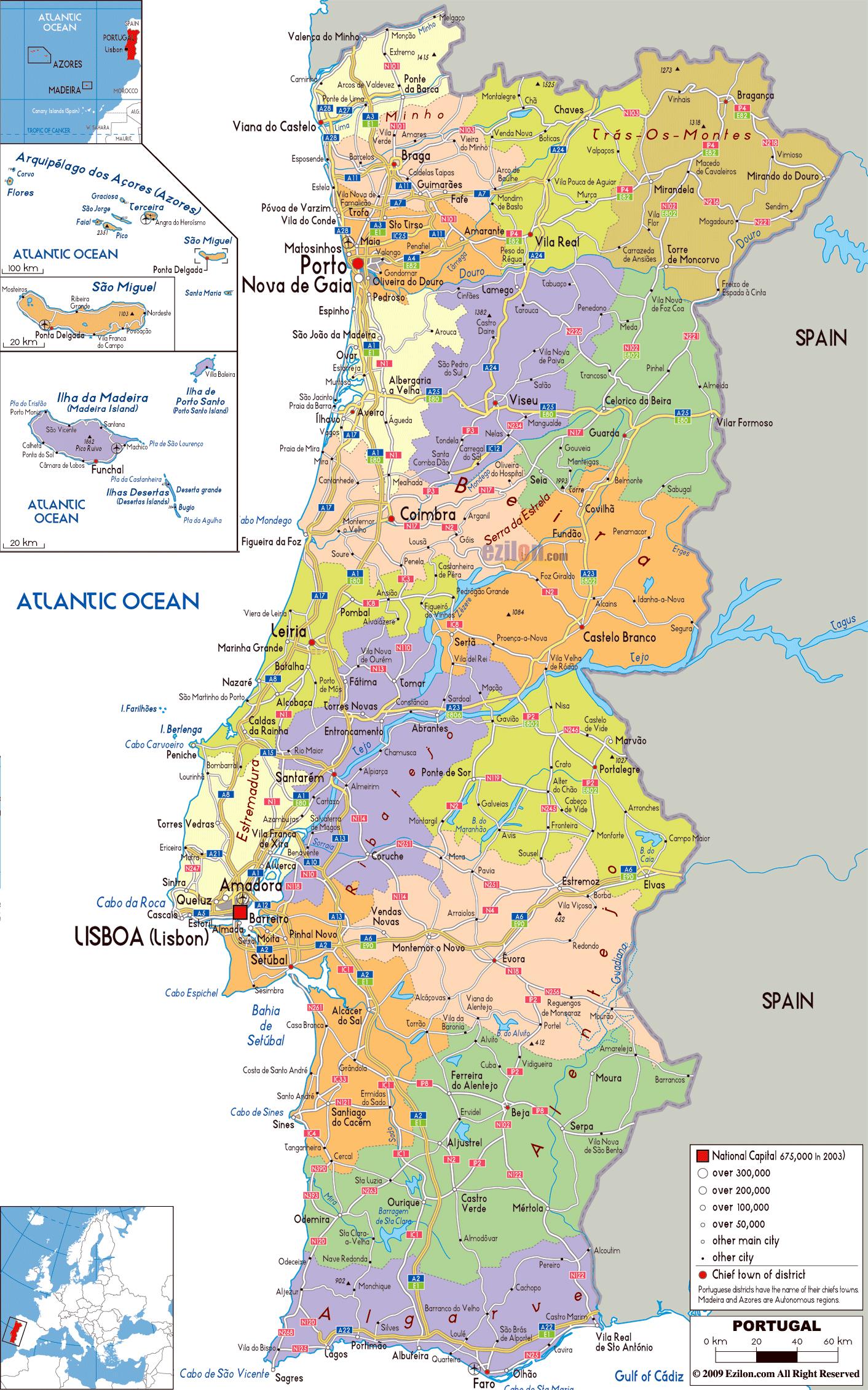 Districts of Portugal. Map of Regional Country Administrative