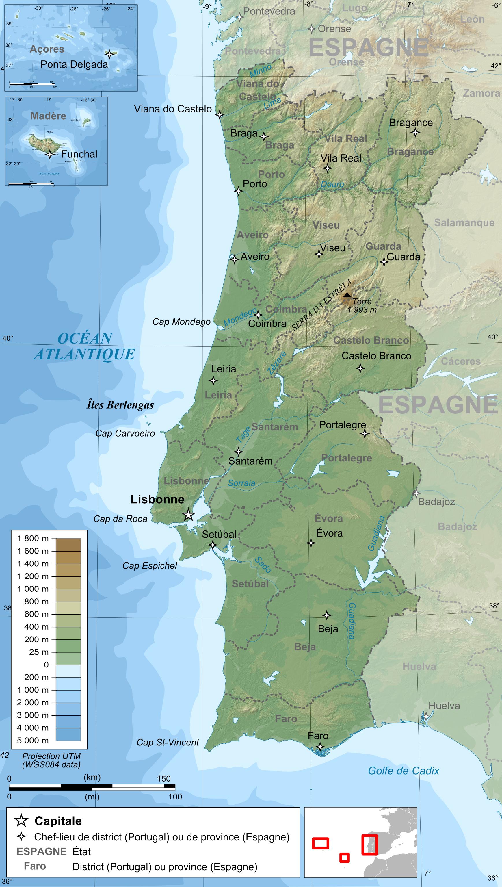 Detailed elevation map of Portugal with cities, Portugal