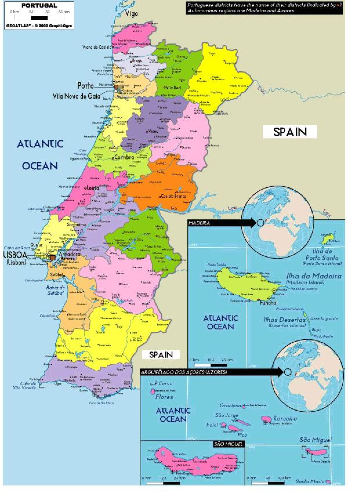 Map of Portugal regions: political and state map of Portugal